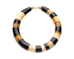 Elegant necklace with black and cream colored beads on a white isolated background.