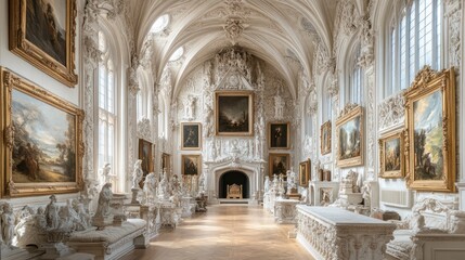 Explore a stunning museum room with intricate stonework, antique paintings, and a majestic grand fireplace