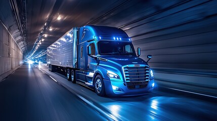 Blue Cargo Truck Speeding Through A Nighttime Tunnel With Illuminated Headlights, Exuding Power And Efficiency. Perfect For Freight Transport, Logistics, And Automotive Themes.