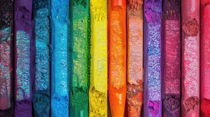 Broken vibrant crayons arranged in rainbow color order