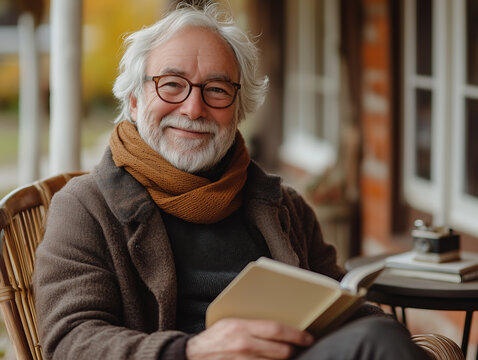senior person reading a book. old man holding a book look at camera and smiling.