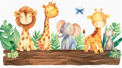Wooden Board with Cute Animals Watercolor Safari Jungle Illustration