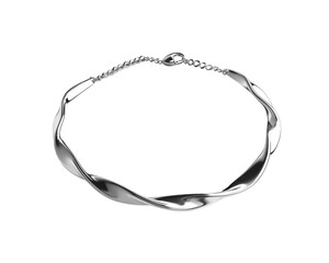 Elegant silver twisted necklace on a white isolated background.