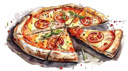 Delicious Hand-Drawn Watercolor Pizza Illustration in Black