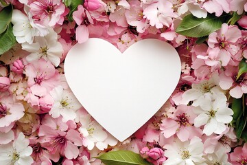 Obraz premium Heart-shaped blank card nestled amongst delicate pink and white flowers.