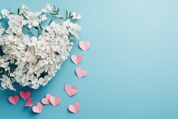 Obraz premium Romantic bouquet of white flowers and pink paper hearts on a light blue background.