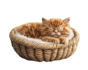 Fluffy orange cat sleeping peacefully in a cozy basket.