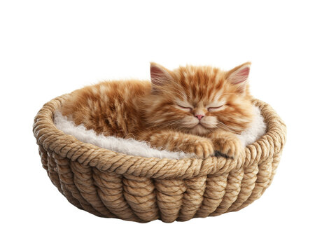 Fluffy orange cat sleeping peacefully in a cozy basket.
