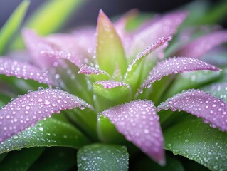 Obraz premium Capture the essence of a serene garden with lush grass, every blade crowned with dew, reflecting the spectrum of light in this vibrant close-up image of a plant, showcasing delicate water droplets on