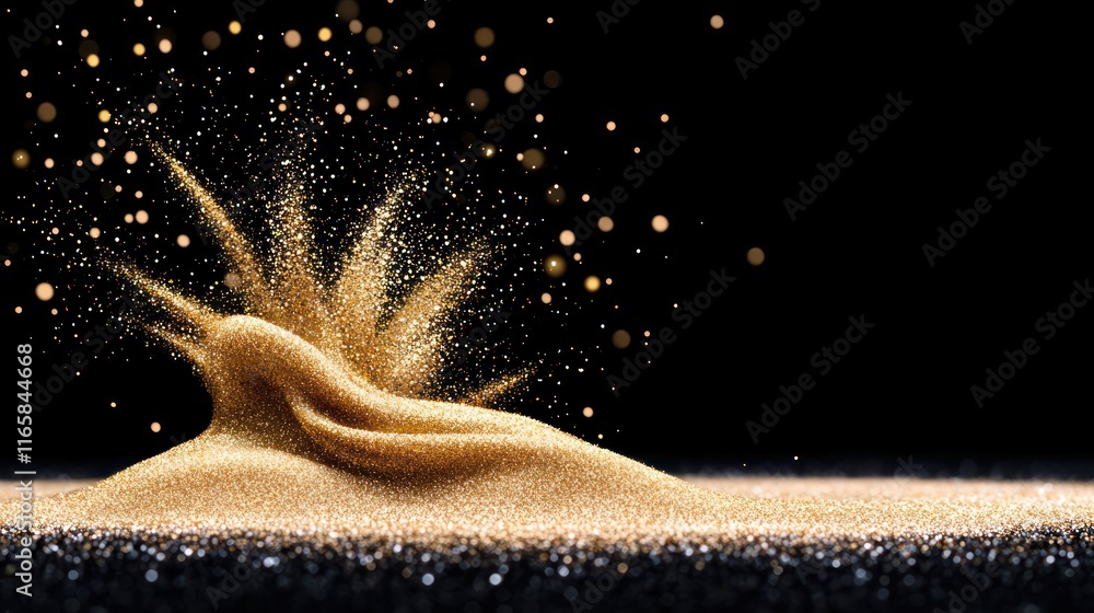 Poster a burst of golden particles creating a dynamic visual effect.