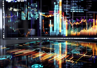 Digital Financial Data Visualization with Holographic Graphs and Corporate Analytics in a Modern Office