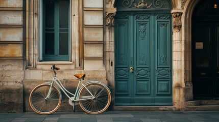 Vintage bicycle parked next to weathered teal doors on a quaint street