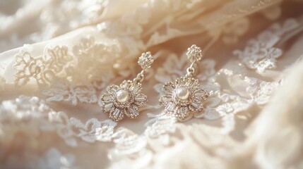 Elegant Pearl Earrings on Delicate Lace Background in Soft Lighting