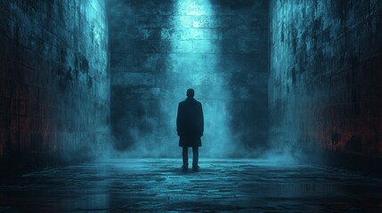 Obraz premium A man stands in a dark, damp tunnel with a blue light shining on him