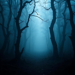 Obraz premium Mysterious Foggy Forest Pathway: A Haunting Journey Through Dense Trees in Twilight