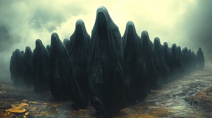 A group of people are standing in a line, all wearing black robes