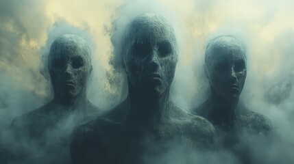 Fototapeta premium Three faces are shown in a foggy atmosphere