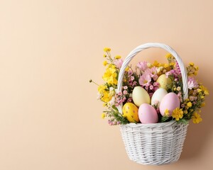 Fototapeta premium Capture the joy of spring with A cheerful Easter basket filled with gifted chocolate eggs, surrounded by bright seasonal flowers Perfect for holiday decor, this image bursts with pastel hues and