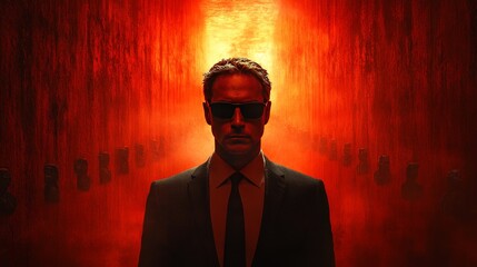 Fototapeta premium A man in a suit and sunglasses stands in front of a red wall