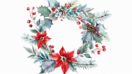 Festive Winter Christmas Wreath with Leaves, Berries, and Poinsettia Decoration