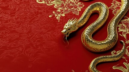 Obraz premium Elegant golden snake on a vibrant red background, symbolizing prosperity and good fortune for Chinese New Year celebrations.