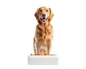 Golden retriever sitting happily with a box of treats, white isolated background.