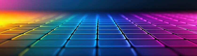 A vibrant, colorful grid pattern that transitions from warm to cool tones, creating a visually striking, digital ambiance.
