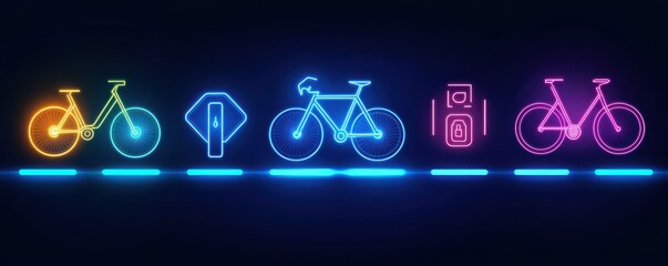 Fototapeta premium A vibrant neon illustration featuring various bicycle-related icons, including bikes, a parking sign, and a bike repair station.