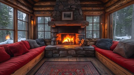 Cozy rustic cabin interior with stone fireplace, red cushions, and snowy forest view.
