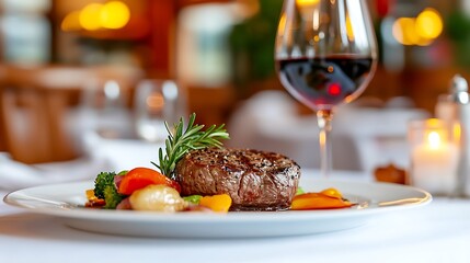 Grilled filet mignon with roasted vegetables and red wine on a white plate in elegant restaurant setting.