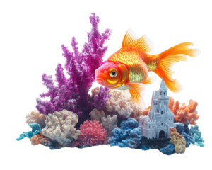 Goldfish swimming amidst colorful coral in an aquarium setting