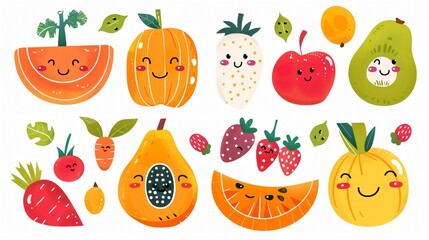 Colorful Joyful Fruits and Vegetables with Human Faces Collection