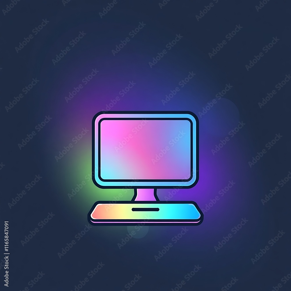 Aufkleber neon computer icon: a vibrant and modern icon of a computer monitor and keyboard, bathed in a rainbo