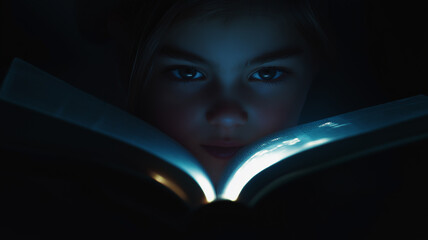 Illustration of an open book with glowing pages, casting light onto a young child’s curious face, symbolizing the power of education and knowledge