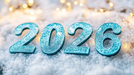 Sparkling Blue 2026 Numbers on Snowy Surface with Fairy Lights