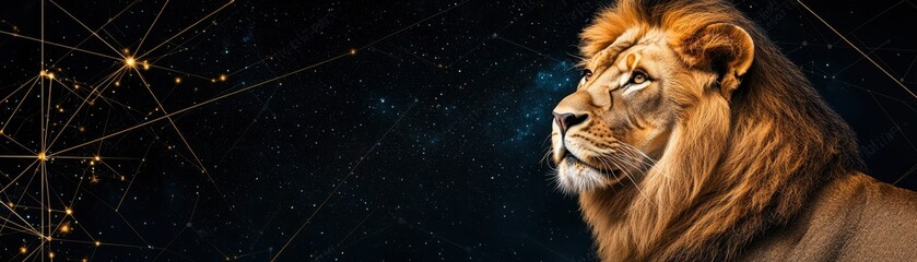 A majestic lion gazes thoughtfully into the distance, surrounded by a cosmic backdrop of stars and constellations.