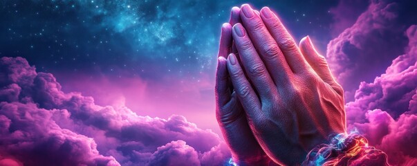 Clasped hands in prayer under a vast starry sky, a powerful image embodying faith, healing, and spiritual renewal, invoking a sense of strength and hope Witness the ethereal blend of cosmic wonders
