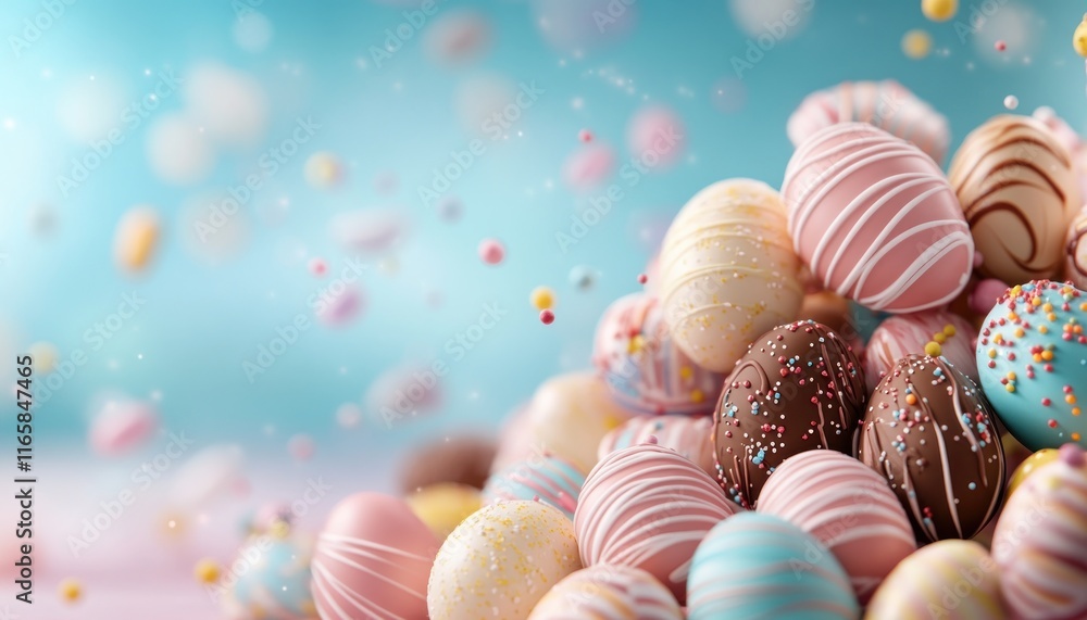 Poster discover a dazzling array of decorative chocolate eggs on a colorful festival display stand, perfect