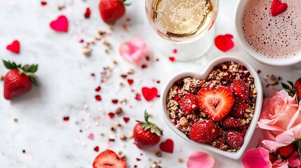 Romantic Valentine's Day breakfast with heart-shaped granola bowl, strawberries, champagne, and rose.
