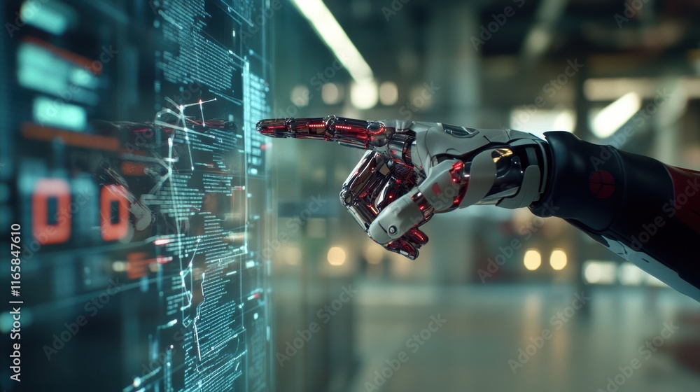 Aufkleber a robotic hand interacts with a futuristic digital interface, showcasing advanced technology and hum