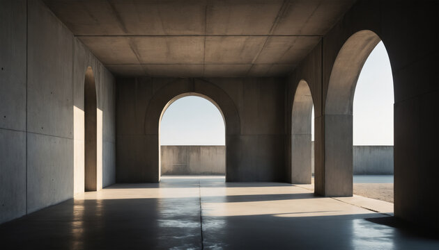 empty and dark abstract concrete archways with vibrant sunlight