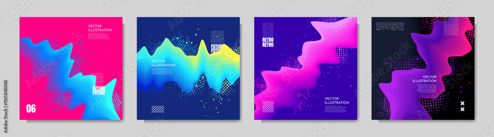 Poster vector illustration. modern art graphic. dynamic bright flow elements with paint splash and halftone