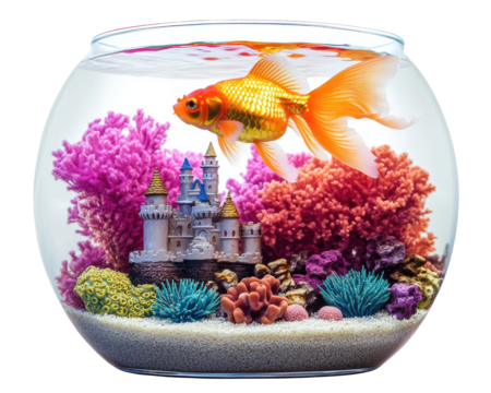 Goldfish swimming in a colorful aquarium with coral and a castle decoration.