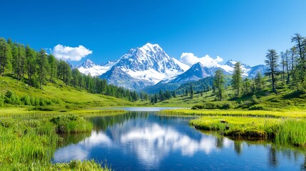 Majestic snow-capped mountains reflected in a serene alpine lake, surrounded by lush green meadows under a vibrant blue sky.