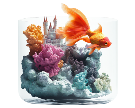 Goldfish swimming in a colorful coral reef with a castle, white isolated background.