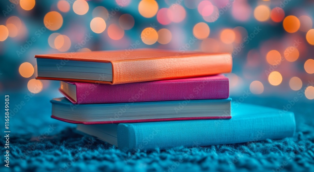 Poster colorful stack of books with soft bokeh lights in the background during evening