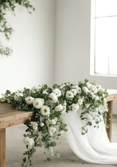 Elegant floral arrangement with greenery and draped fabric on rustic wooden table
