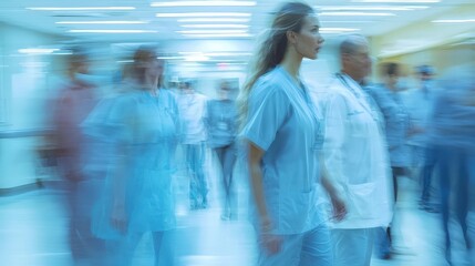 Healthcare Professionals In A Busy Hospital Corridor, Captured In Blurred Motion To Reflect Urgency And Teamwork. Perfect For Themes Of Medical Dedication And Dynamic Patient Care.
