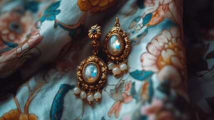 Fototapeta premium Elegant Vintage Earrings with Opal and Floral Background Fabric