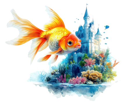 Goldfish swimming near a colorful coral reef and castle, vibrant underwater scene.